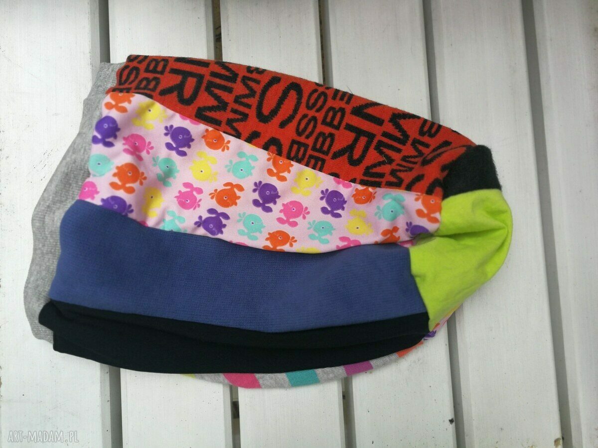 Czapka damska patchworkowa boho folk - długa smerfetka na podszewce