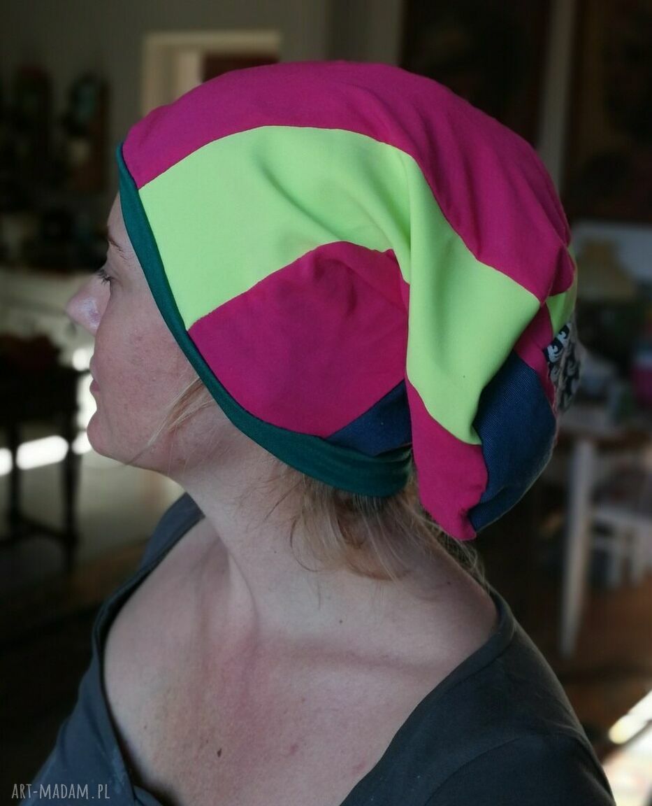 Czapka damska wiosenna patchworkowa BOHO FOLK z podszewką - kształt turbanowy