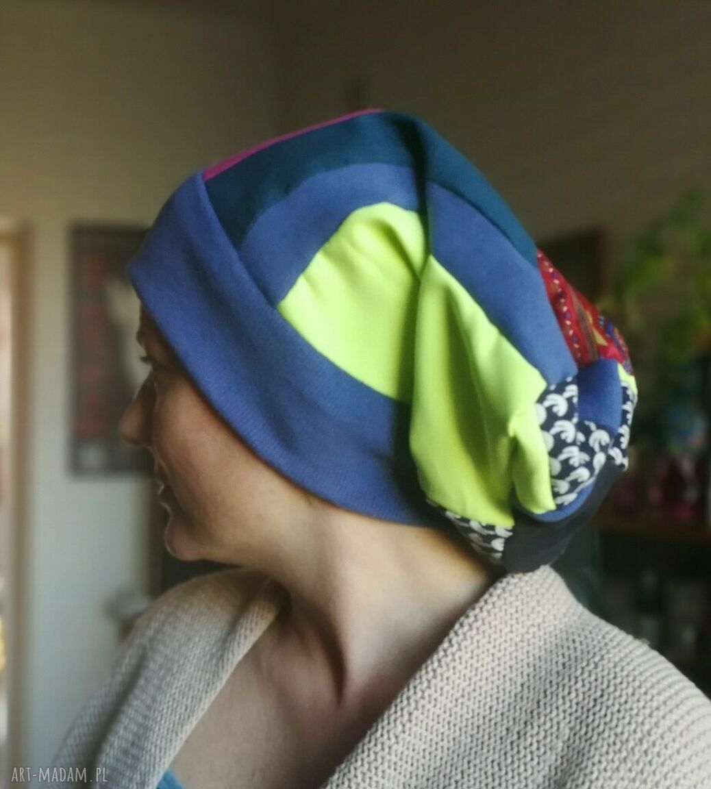 Czapka damska etno boho wiosenna patchworkowa na podszewce, rozmiar 59-60 cm