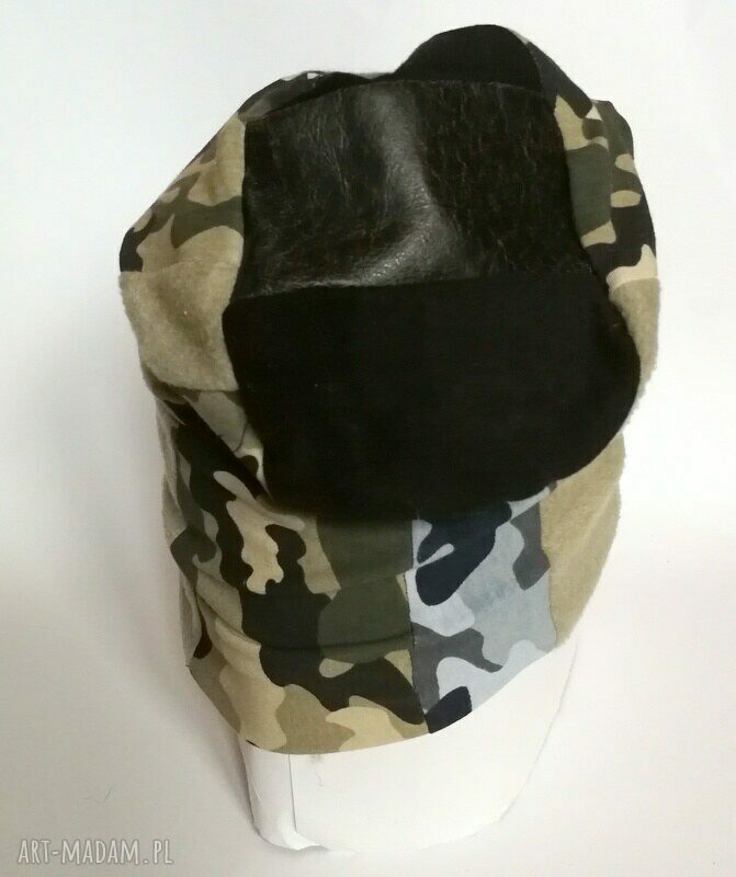 Ciepła czapka wojskowa patchwork z dzianiny na podszewce - unisex, 59-60 cm
