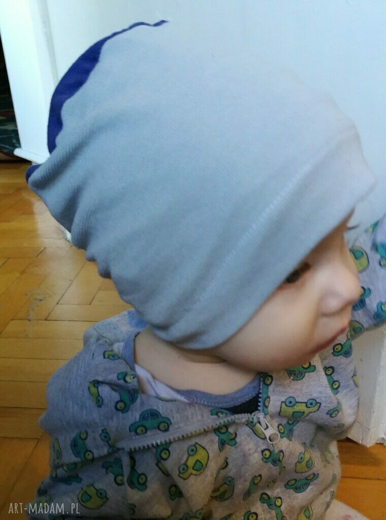 Wiosenna czapka handmade dla niemowlaka na podszewce - niebiesko-gołębia (Ruda Klara)
