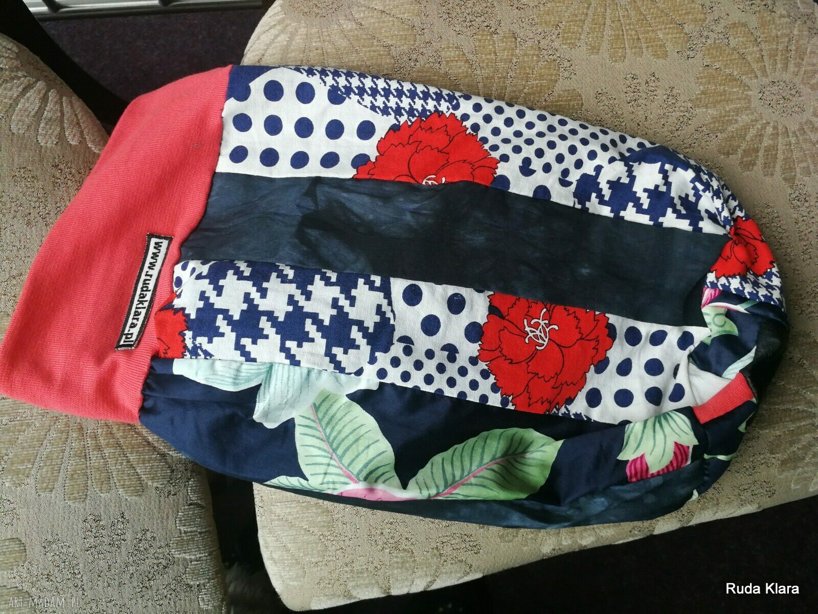 Duża czapka turbanowa etno boho patchwork - Ruda Klara, rozmiar 56-57 (na podszewce)