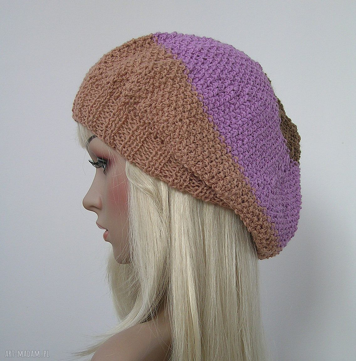 Duża czapka w stylu boho - beż, fiolet, brąz (56-58 cm)