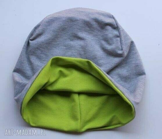 Czapka dwustronna beanie dresowa limonkowa i szara oversize - handmade