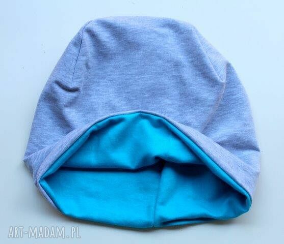 Czapka dwustronna beanie dresowa turkus-szary oversize