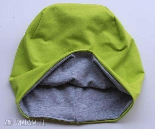 Czapka dwustronna beanie dresowa limonkowa i szara oversize - handmade