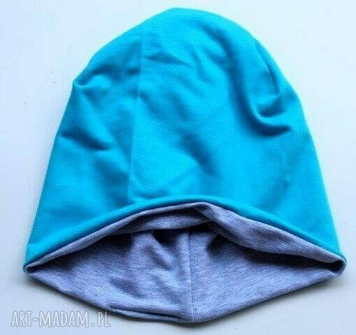 Czapka dwustronna beanie dresowa turkus-szary oversize