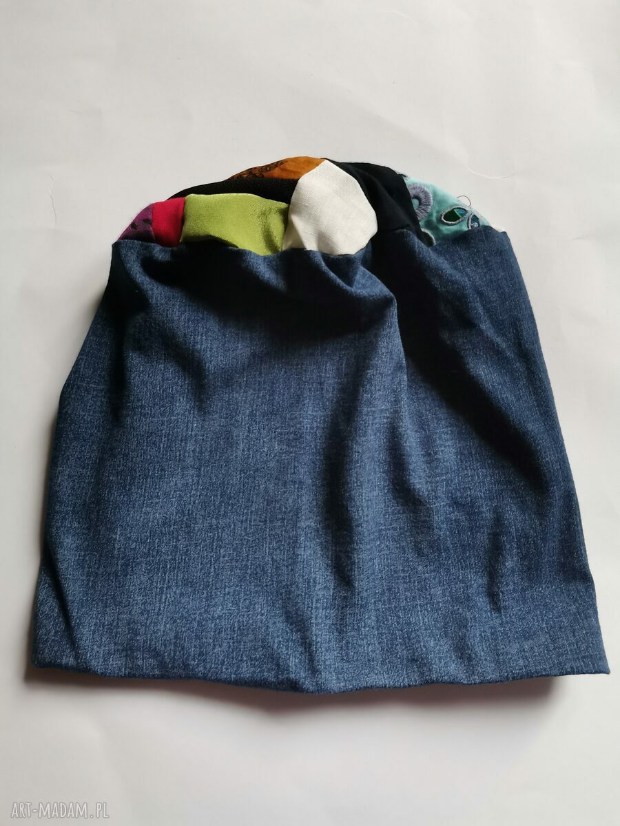 Kolorowa czapka boho Frida etno z dzianiny na podszewce