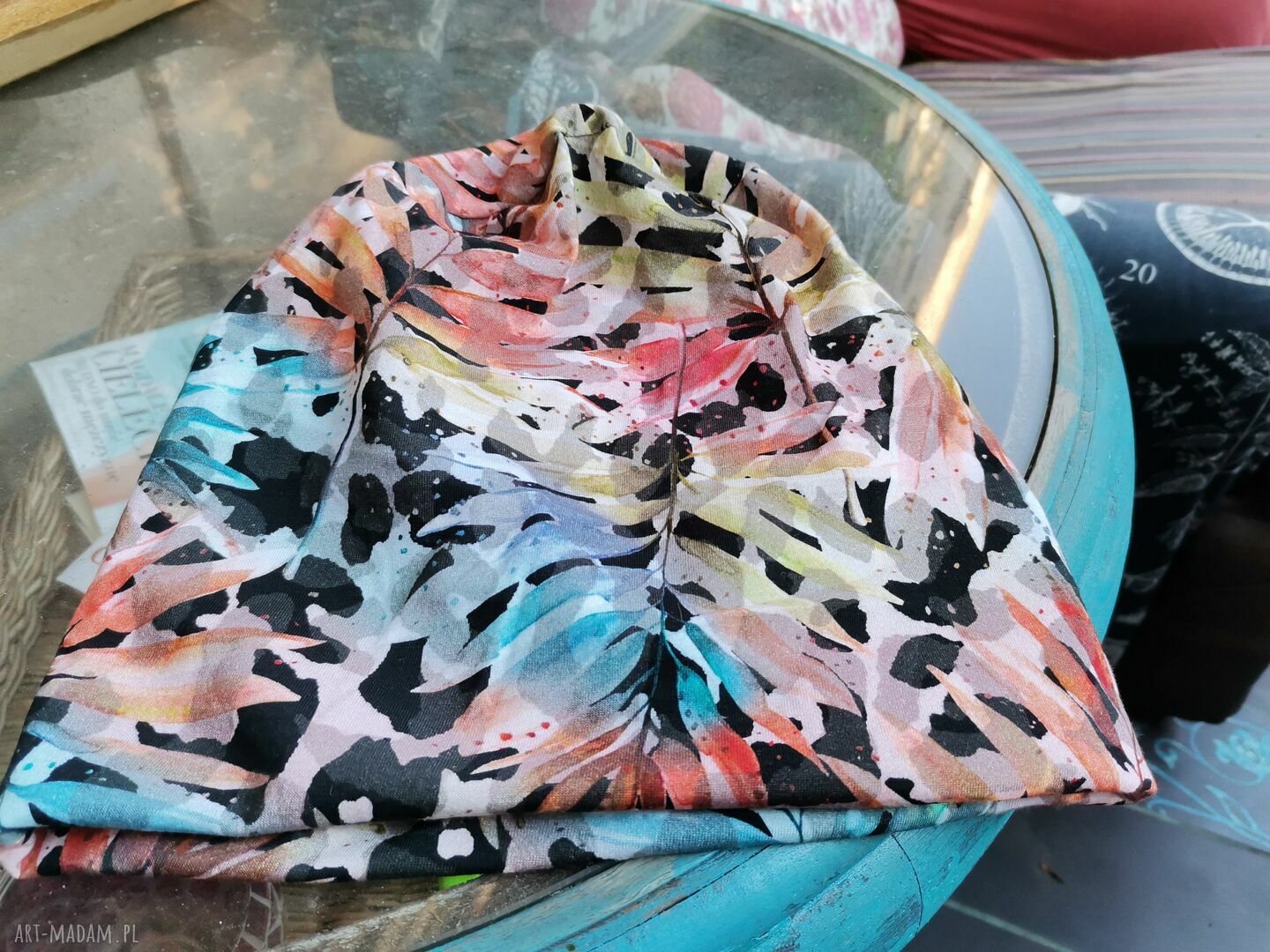 Jesienna czapka dzianinowa na podszewce z etno printem - handmade