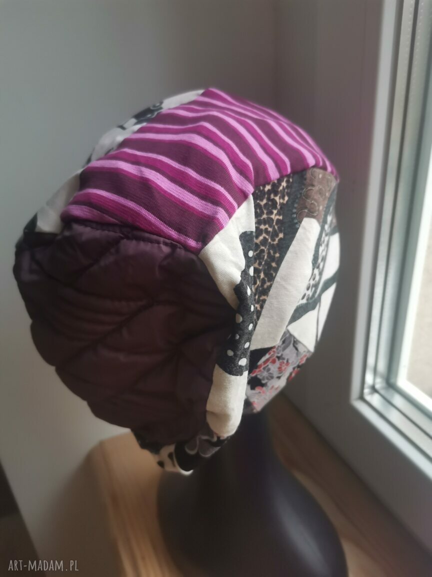 Czapka dzianinowa na podszewce, rozmiar uniwersalny - folk boho patchwork