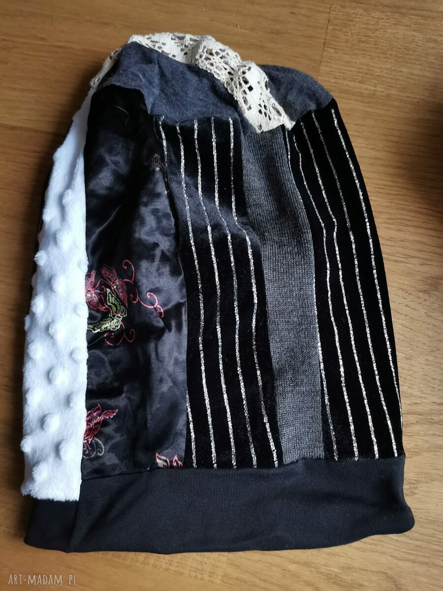 Czapka dzianinowa Smerfetka etno folk na podszewce - ręcznie robiona