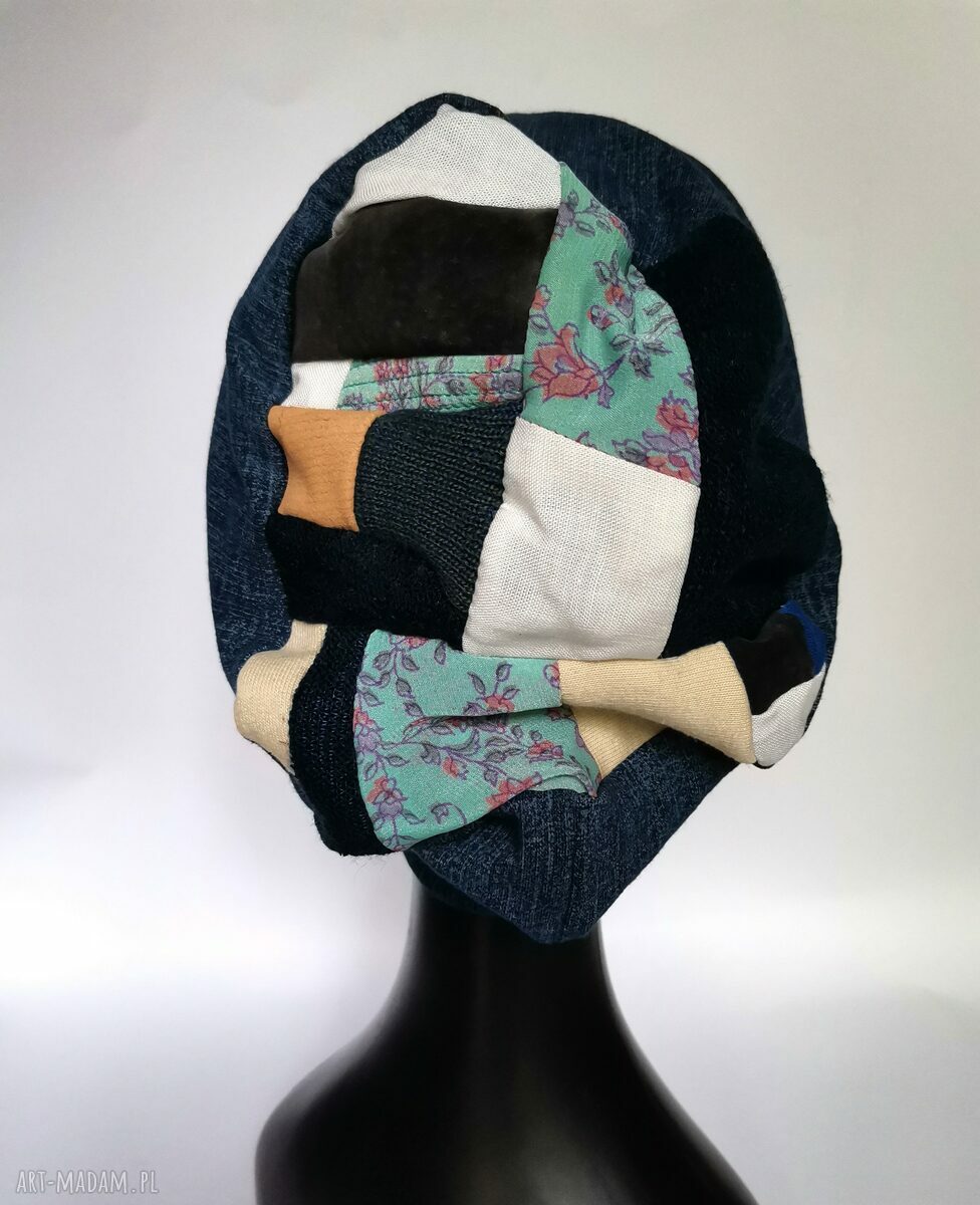 Czapka dzianinowa na podszewce - boho folk, rozmiar uniwersalny