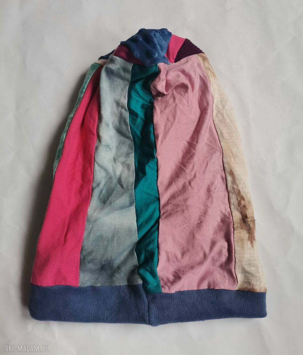 Długa czapka patchworkowa z podszewką - folk boho z frędzlami