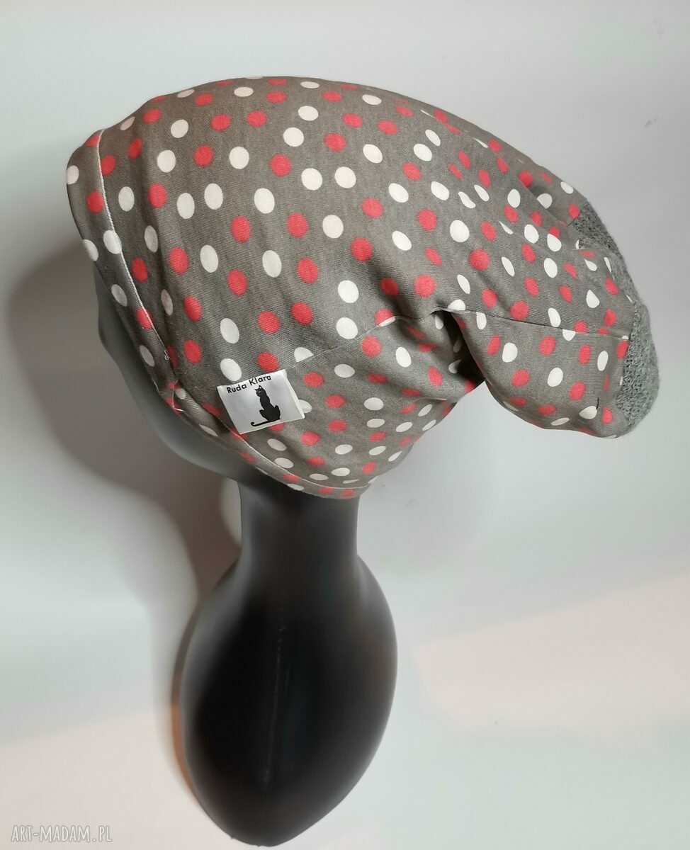 Czapka dzianinowa w grochy - one size na podszewce, hand-made Ruda Klara