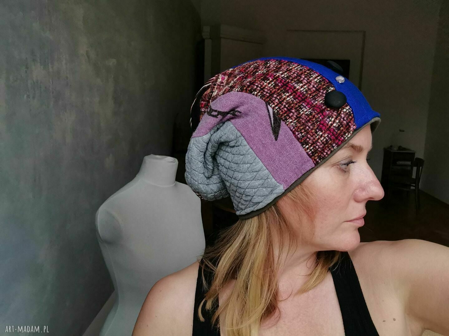 Boho czapka dzianinowa Ruda Klara we wzory na podszewce