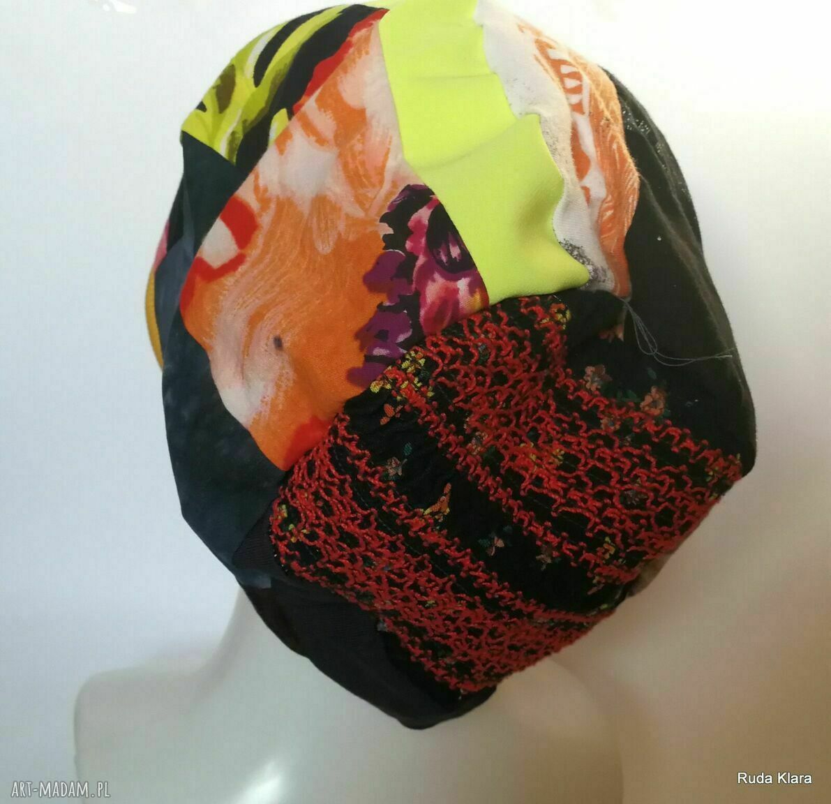 Czapka etno boho patchworkowo-damaska - wiosenna, na podszewce, rozmiar uniwersalny
