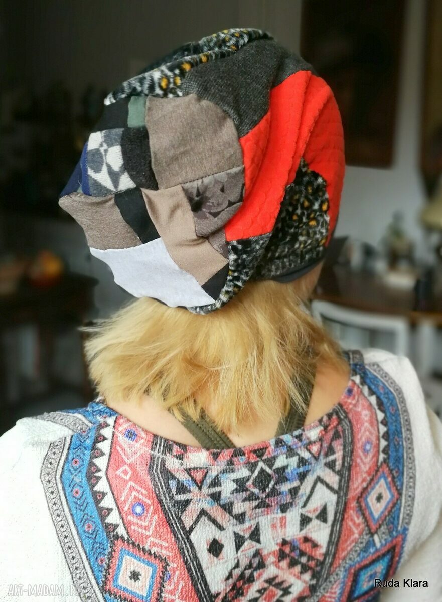 Kolorowa czapka etno boho - wiosenna patchwork na podszewce