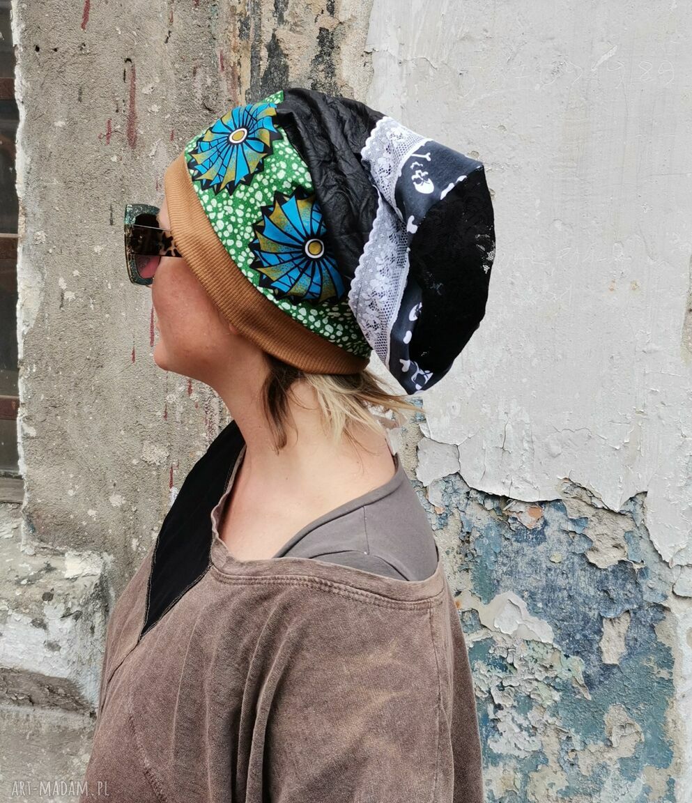 Czapka etno boho smerfetka kolorowa na podszewce - wiosenno-letnia turban