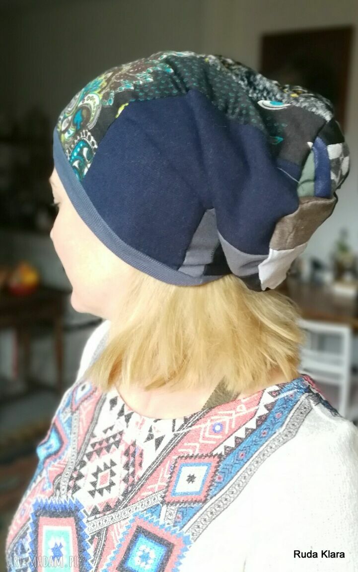 Kolorowa czapka etno boho - wiosenna patchwork na podszewce
