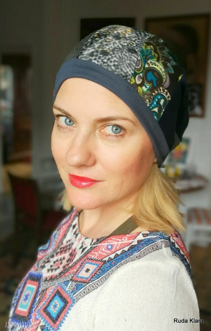 Kolorowa czapka etno boho - wiosenna patchwork na podszewce