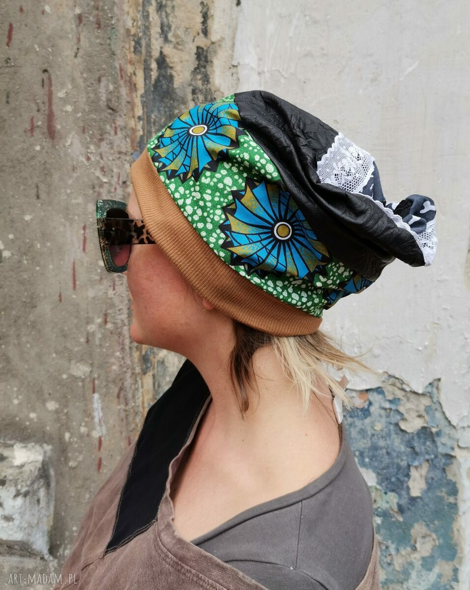 Czapka etno boho smerfetka kolorowa na podszewce - wiosenno-letnia turban