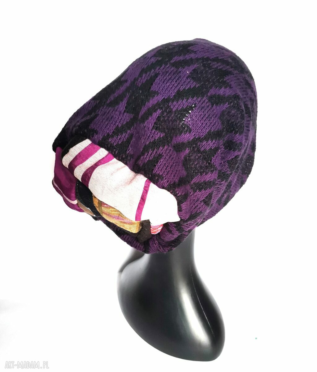Fioletowa czapka Smerfetka patchwork boho Frida - wełniana na podszewce (58-61 cm)
