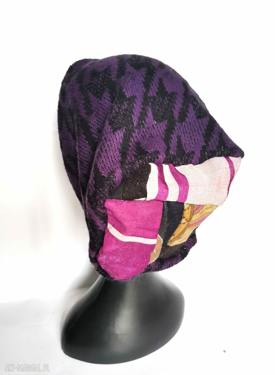 Fioletowa czapka Smerfetka patchwork boho Frida - wełniana na podszewce (58-61 cm)