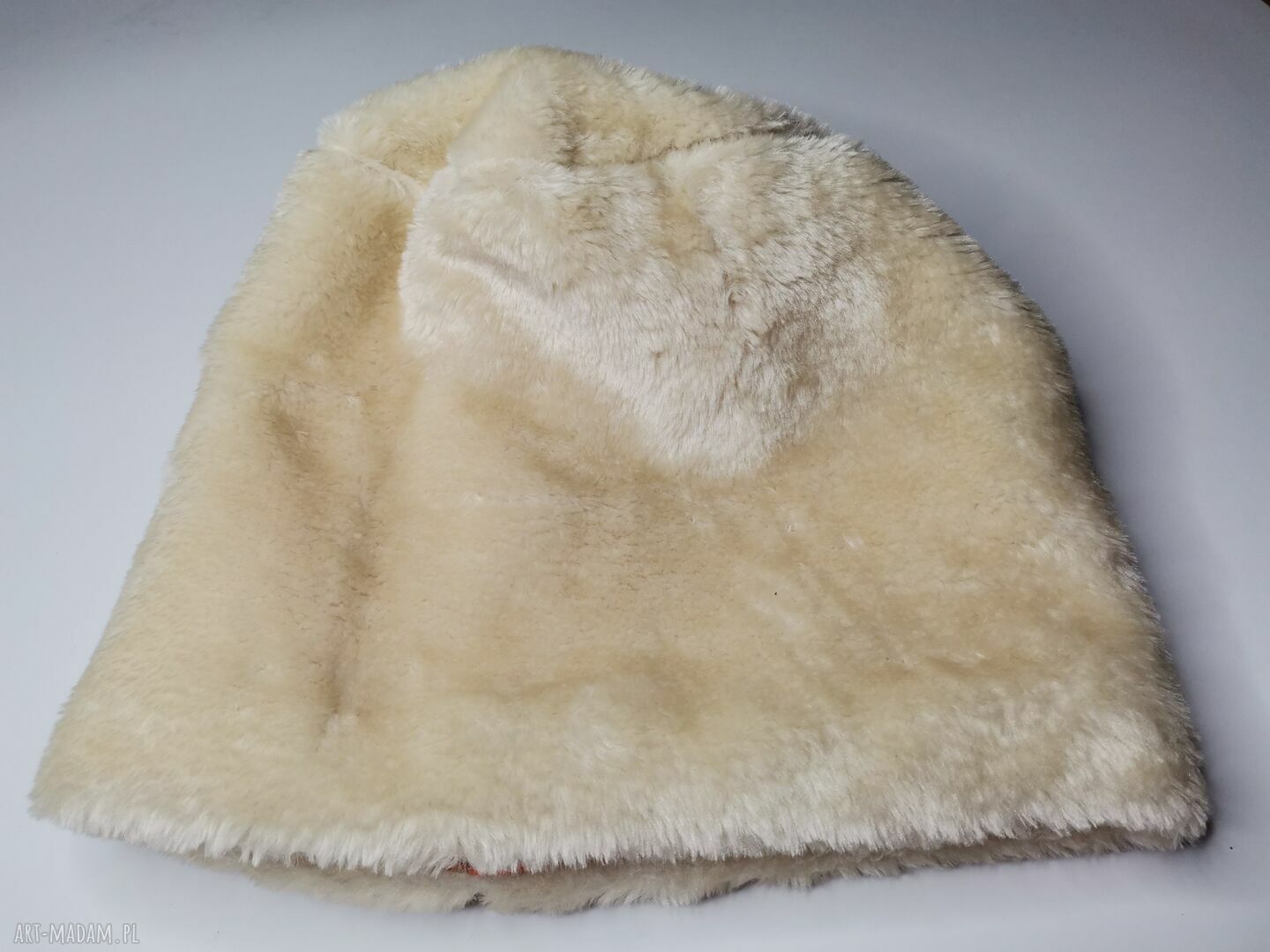 Czapka futrzana zimowa z podszewką - ecru, uniwersalna boho