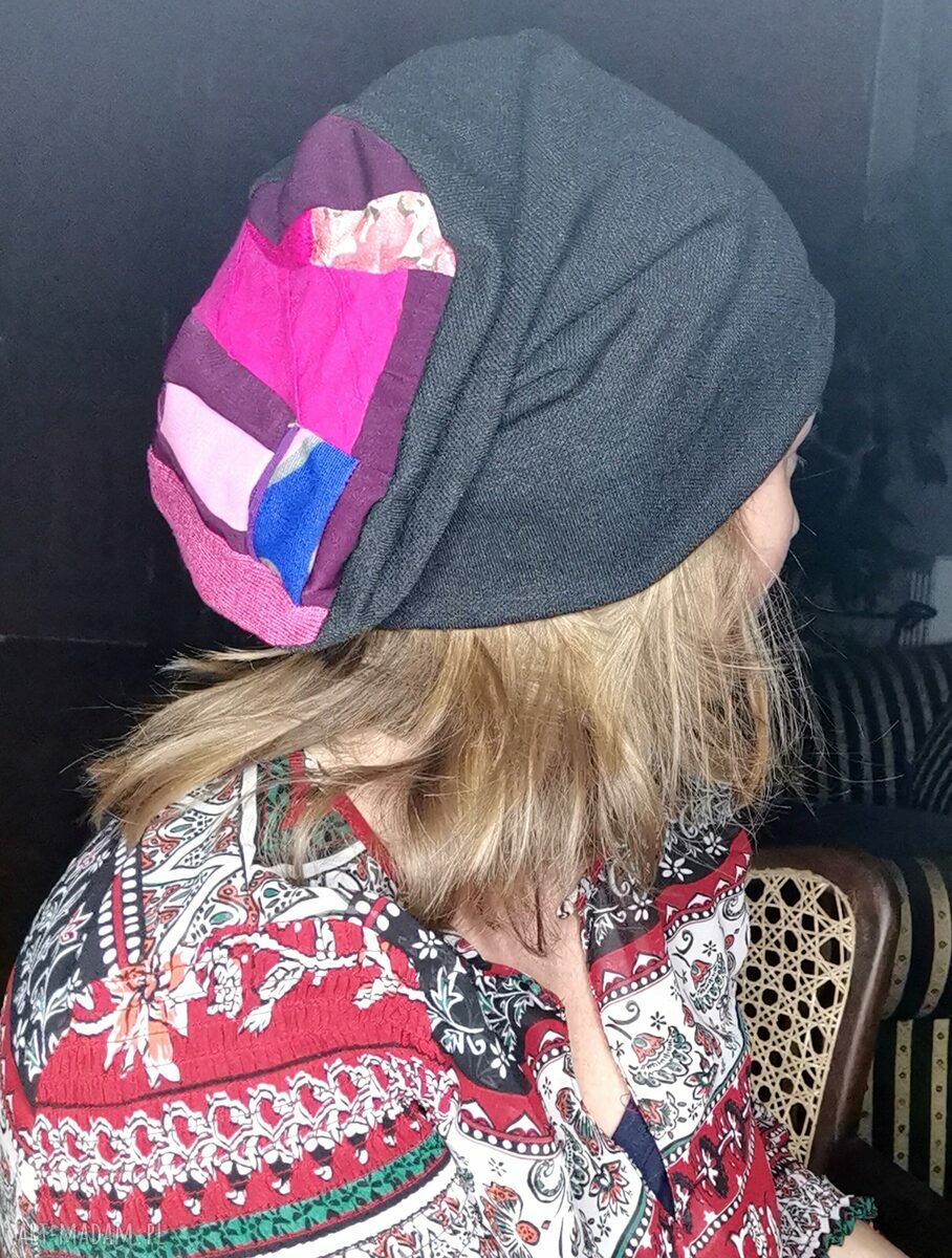 Czapka grafitowa Góra patchworkowa - folk etno boho, rozmiar uniwersalny