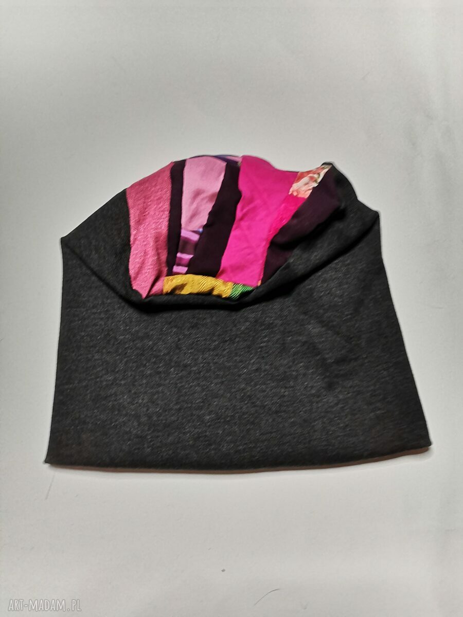 Czapka grafitowa Góra patchworkowa - folk etno boho, rozmiar uniwersalny