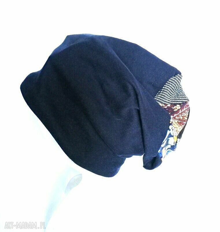 Granatowa czapka dzianinowa patchwork - sportowa etno folk boho