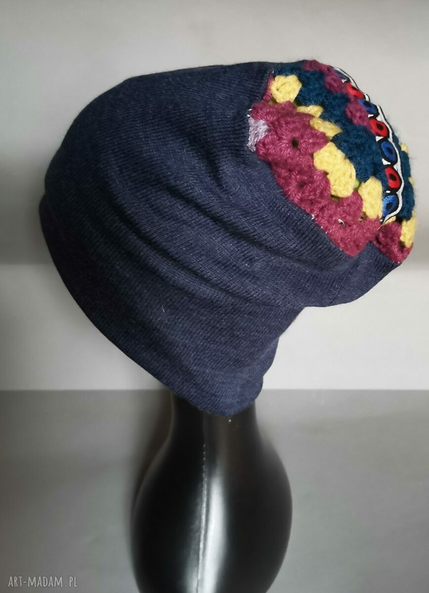 Czapka granatowa uniwersalna na podszewce - folk boho