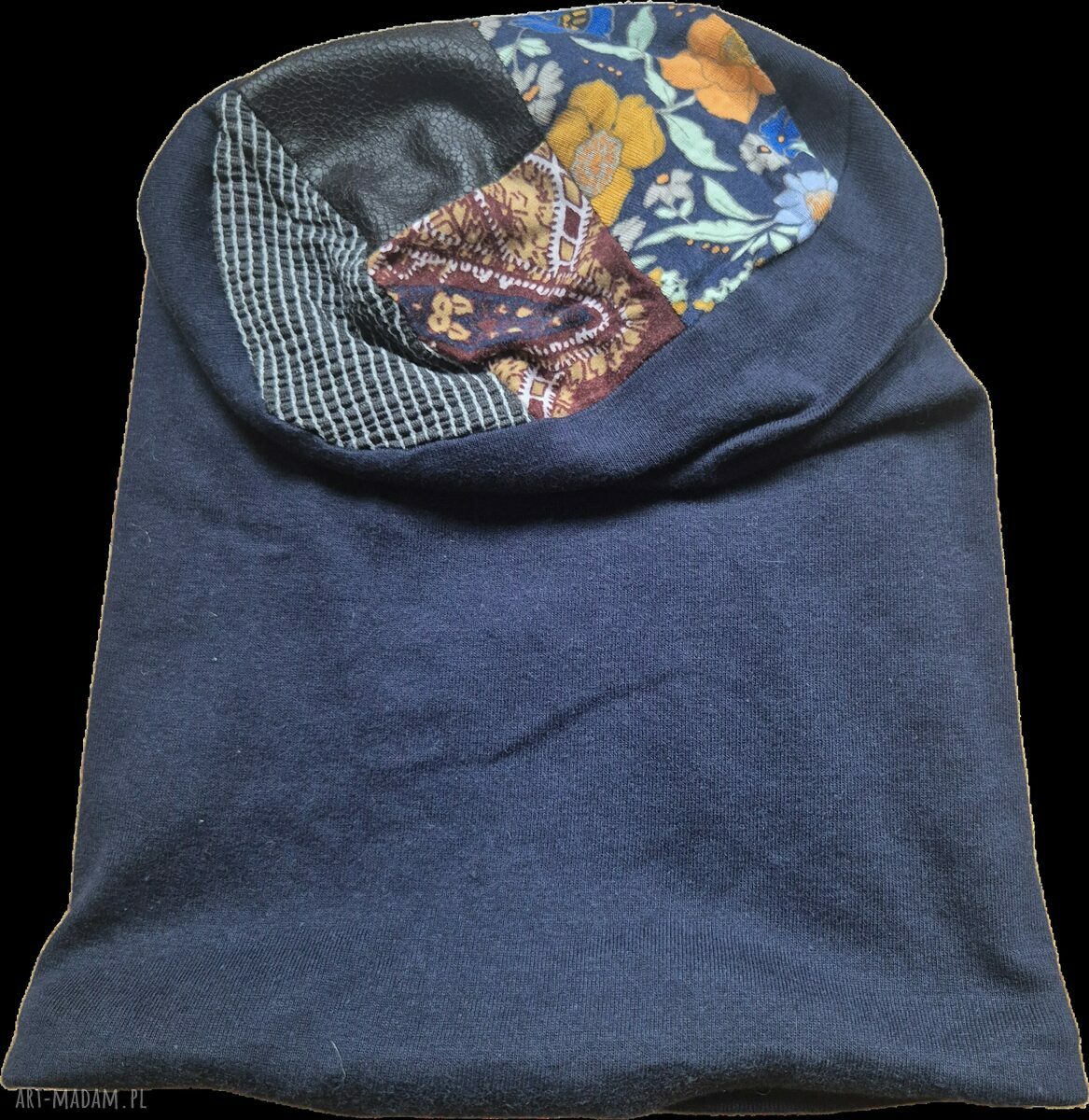 Czapka granatowa folk w patchworku na podszewce - rozmiar M