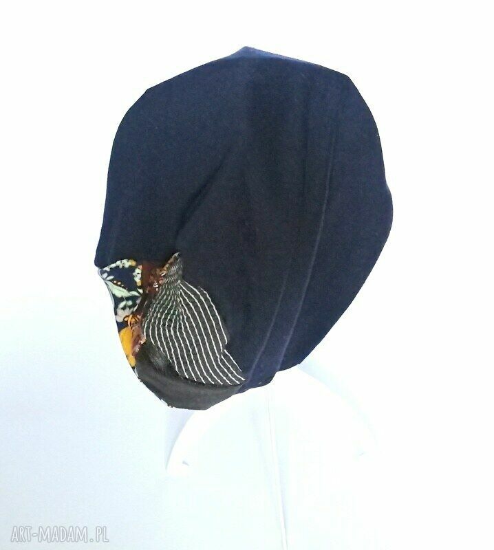 Granatowa czapka dzianinowa patchwork - sportowa etno folk boho