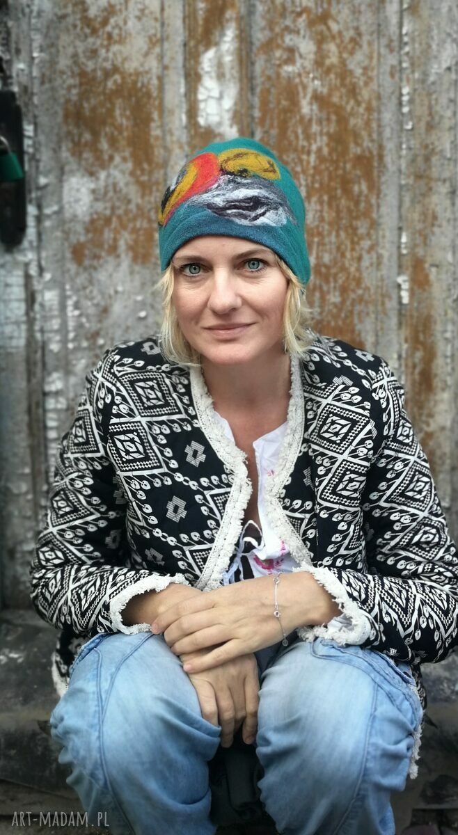 Czapka wełniana filcowana z podszewką - kwiat turkusowy