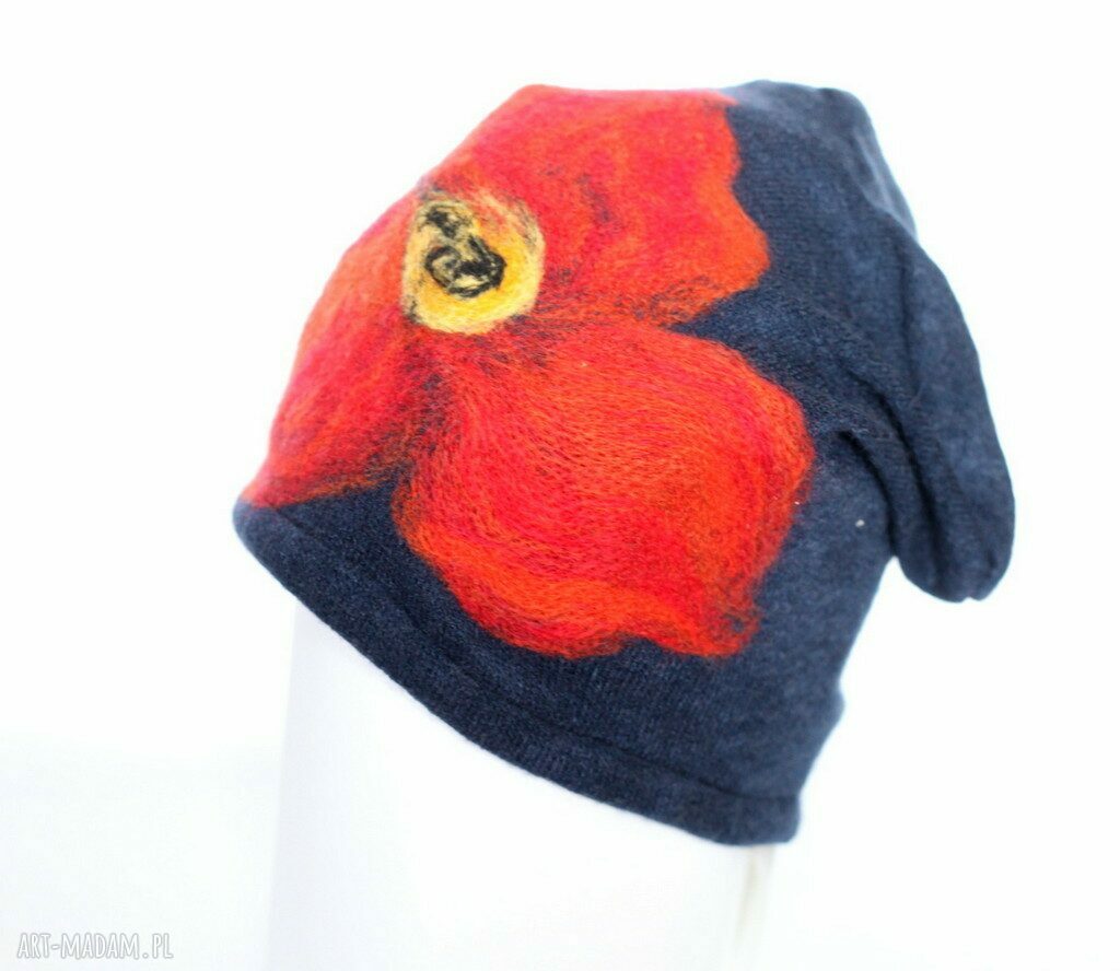 Czapka wełniana handmade z kwiatem - filcowana merino na podszewce (59-61 cm)