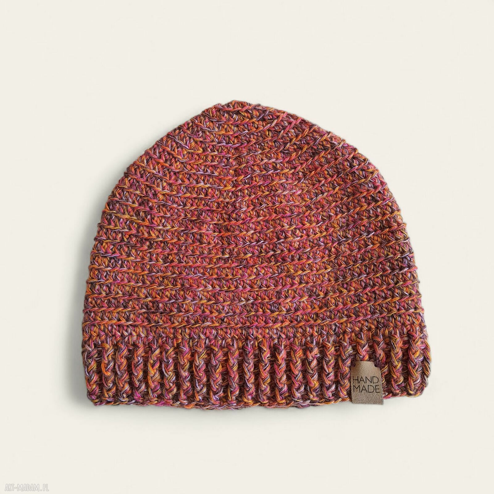 Czapka handmade z wełną merino - ciepły melanż brąz na jesień i zimę