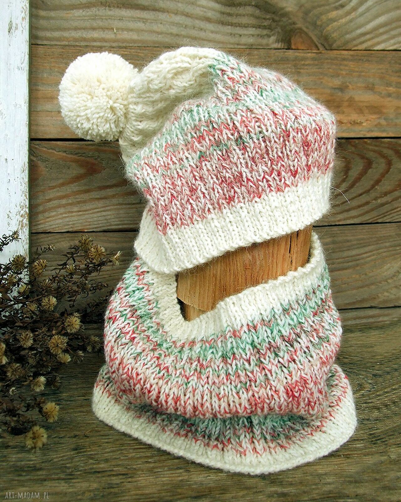 Ciepły zestaw Candy - czapka beanie i komin z alpaki i wełny
