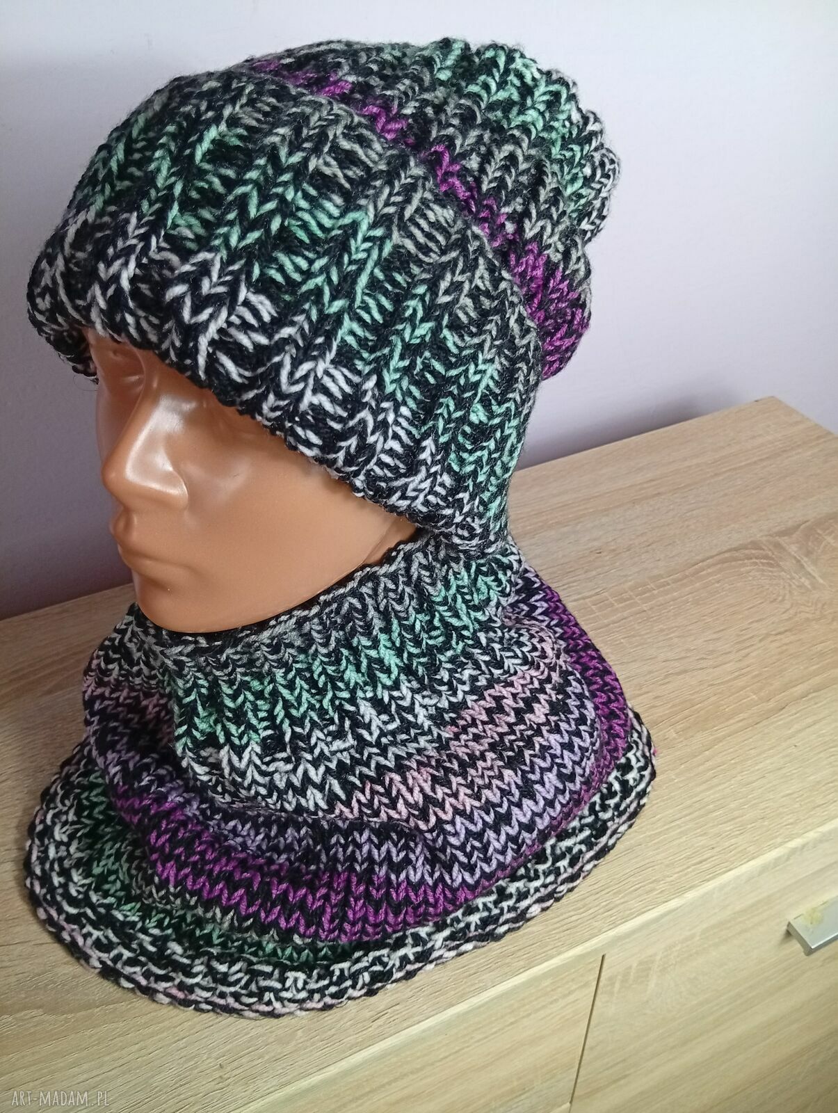 Czapka i komin multikolor - zimowy komplet handmade dla niej