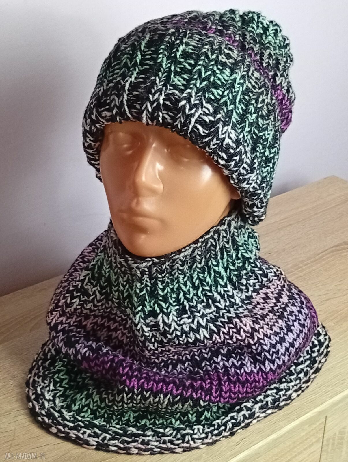 Czapka i komin multikolor - zimowy komplet handmade dla niej