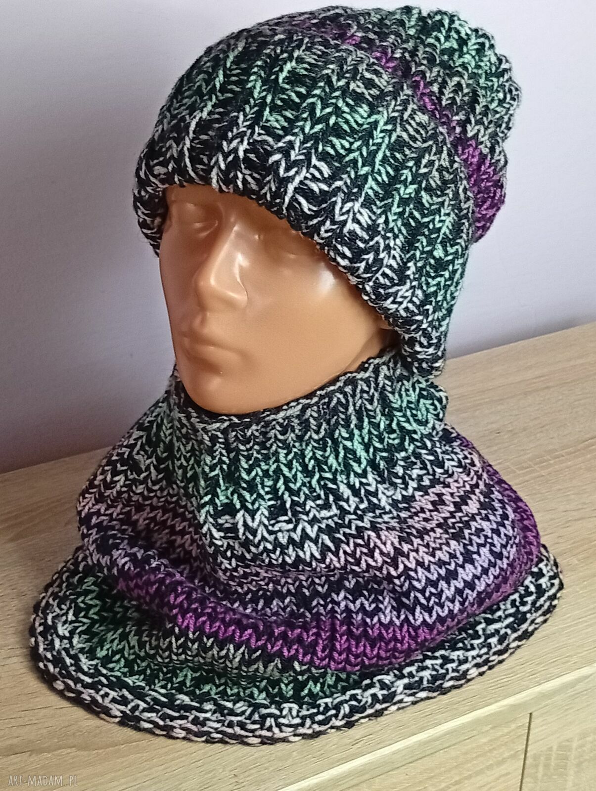 Czapka i komin multikolor - zimowy komplet handmade dla niej