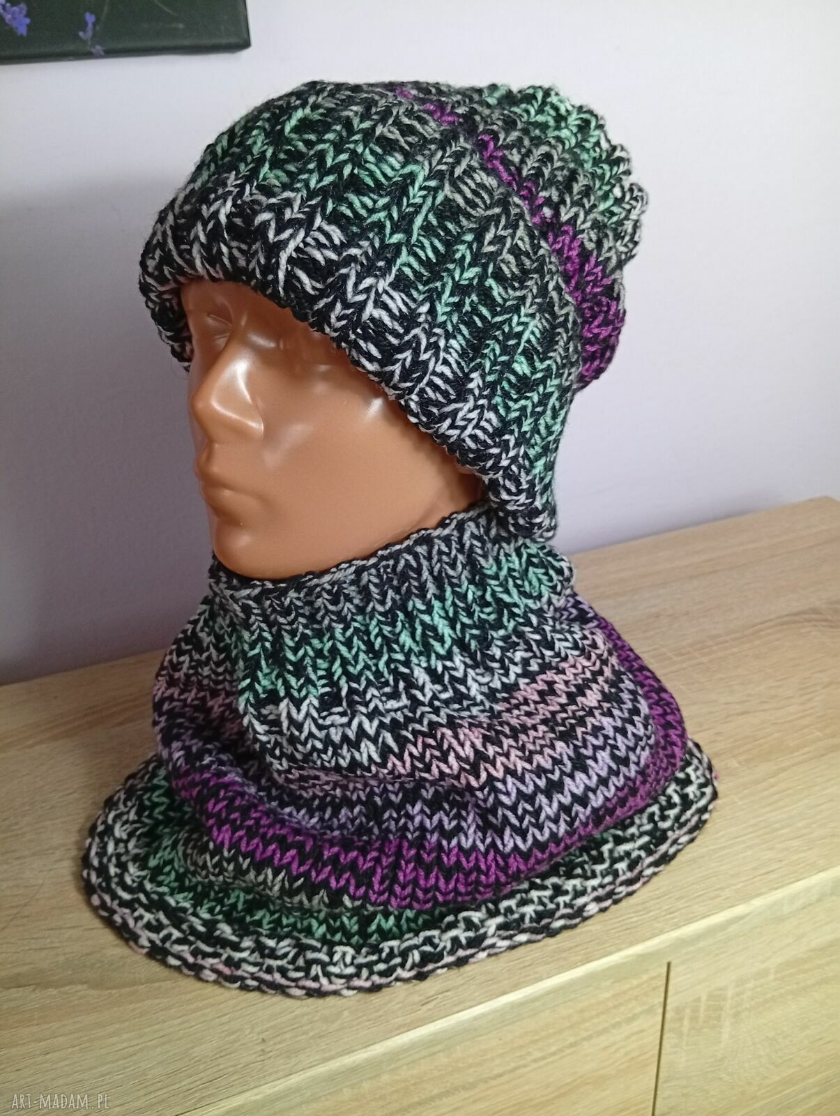 Czapka i komin multikolor - zimowy komplet handmade dla niej
