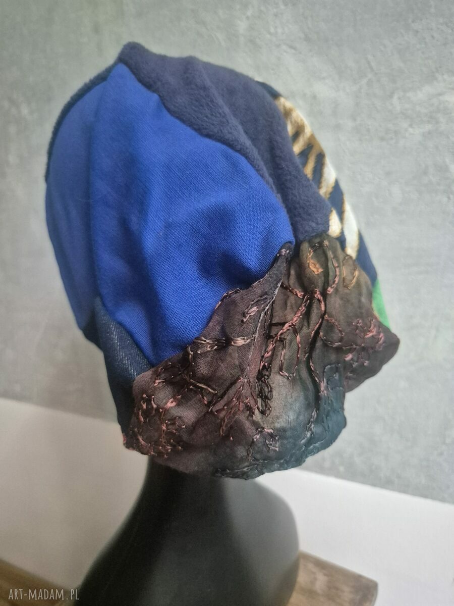 Kolorowa czapka patchworkowa Smerfetka - handmade na podszewce