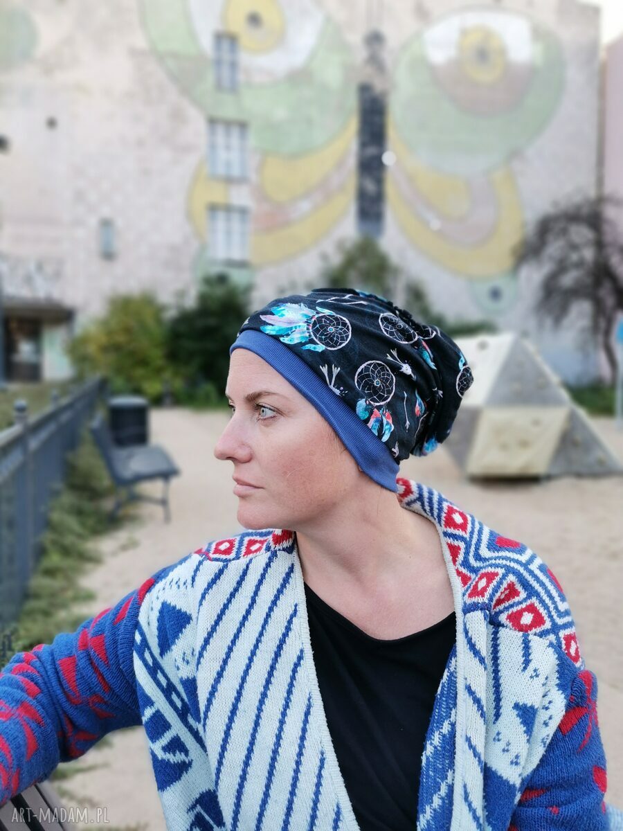Czapka lapacz snów - dzianinowa na podszewce, ręcznie robiona box L1