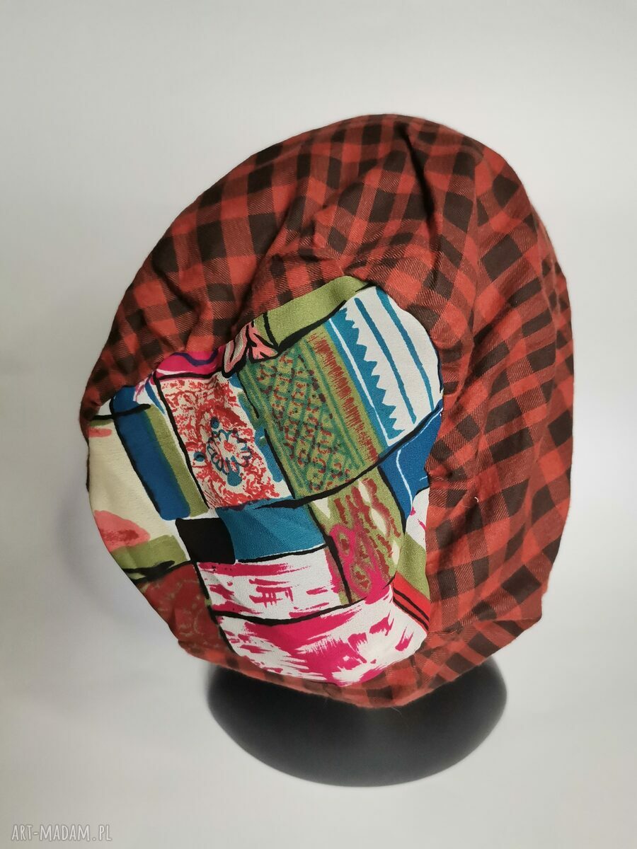 Czapka w kratkę "Smerfetka" z podszewką - luźny fason, rozmiar 60-61 cm