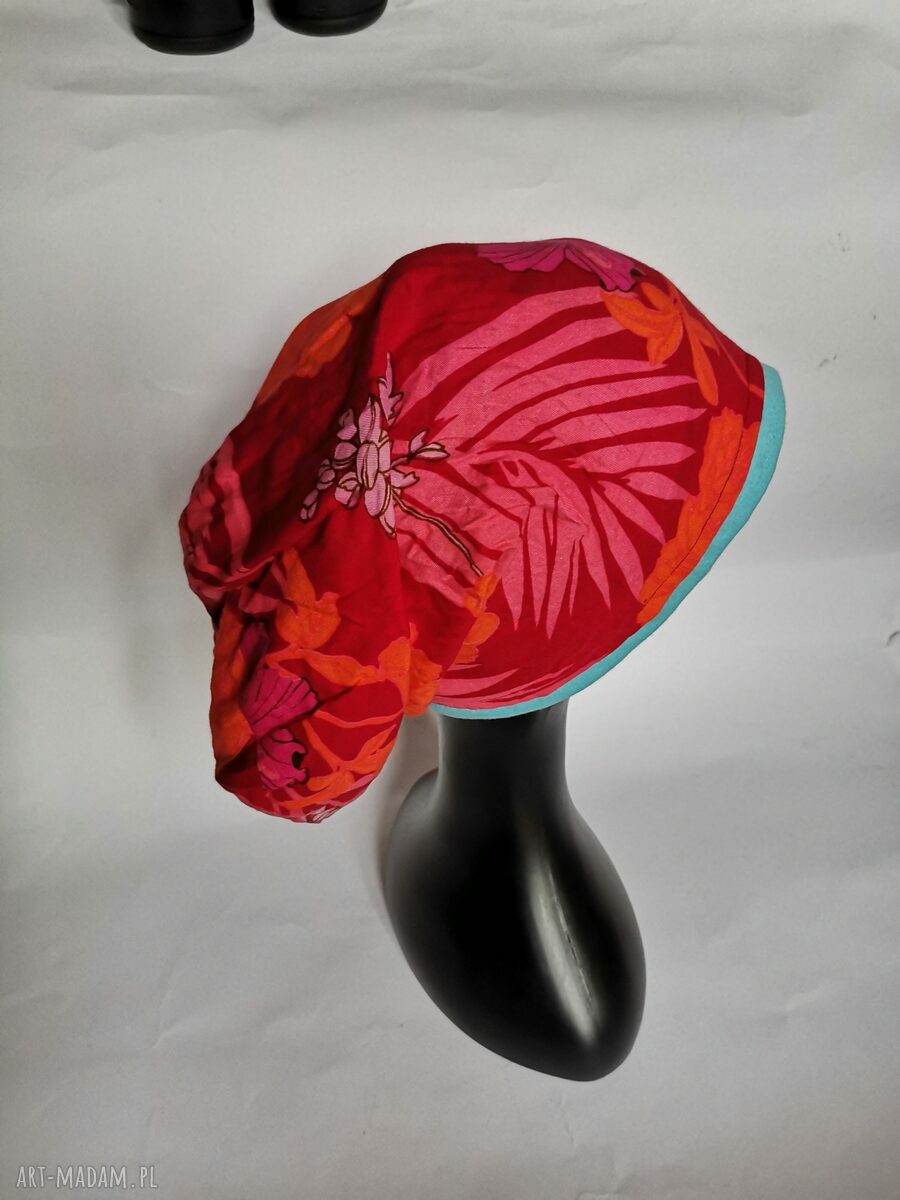 Czapka smerfetka 56-57 - boho etno z frędzlami na podszewce