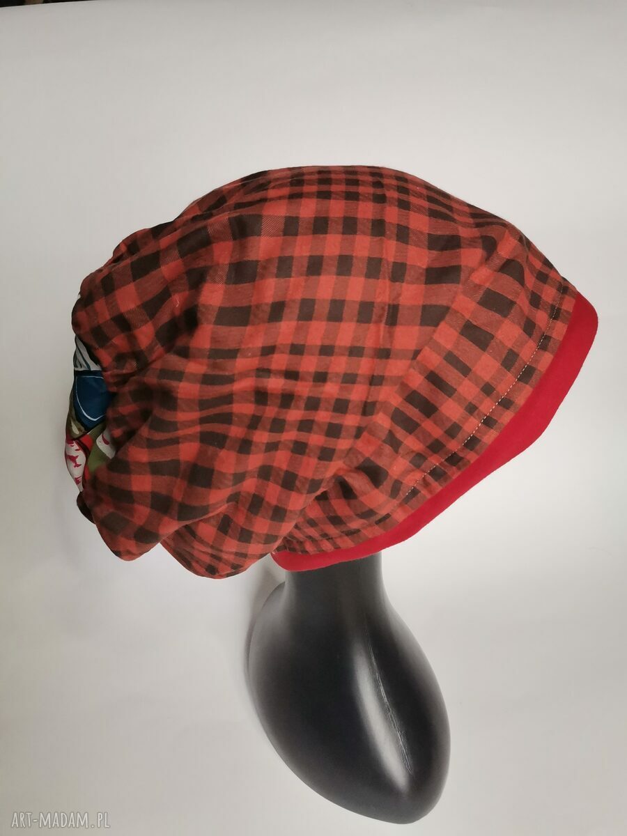 Czapka w kratkę "Smerfetka" z podszewką - luźny fason, rozmiar 60-61 cm
