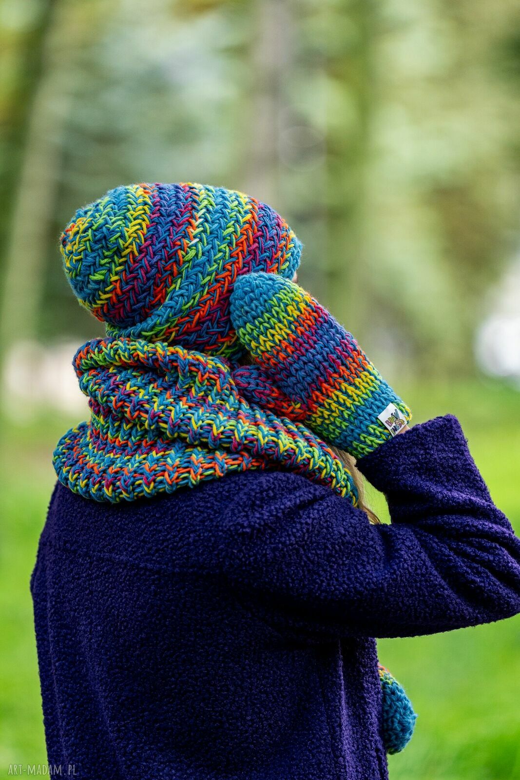 Czapka merino 50% Tęcza Błękit Explorer - ręcznie robiona, luźna i ciepła