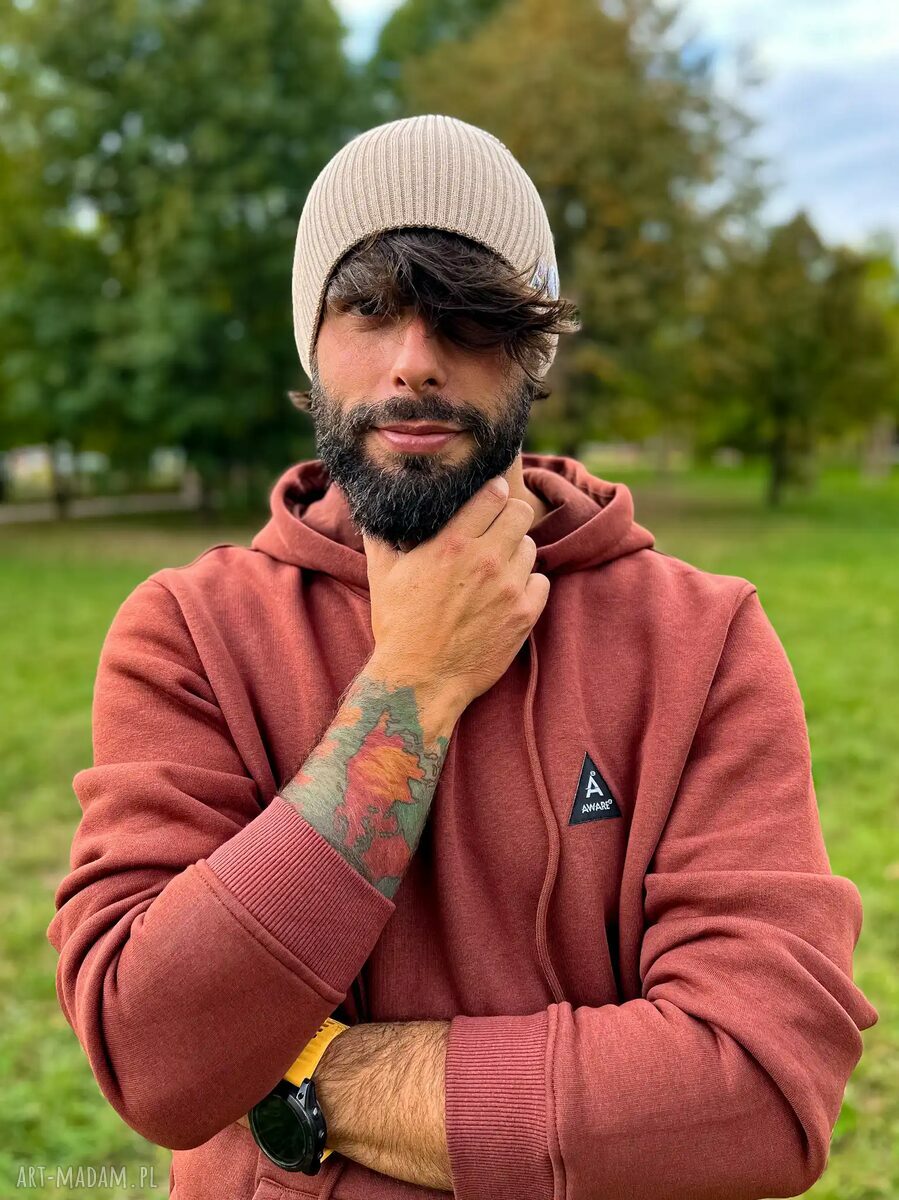 Beżowa czapka beanie z bawełny 2 w 1 Brain Inside - wywijana i slouch