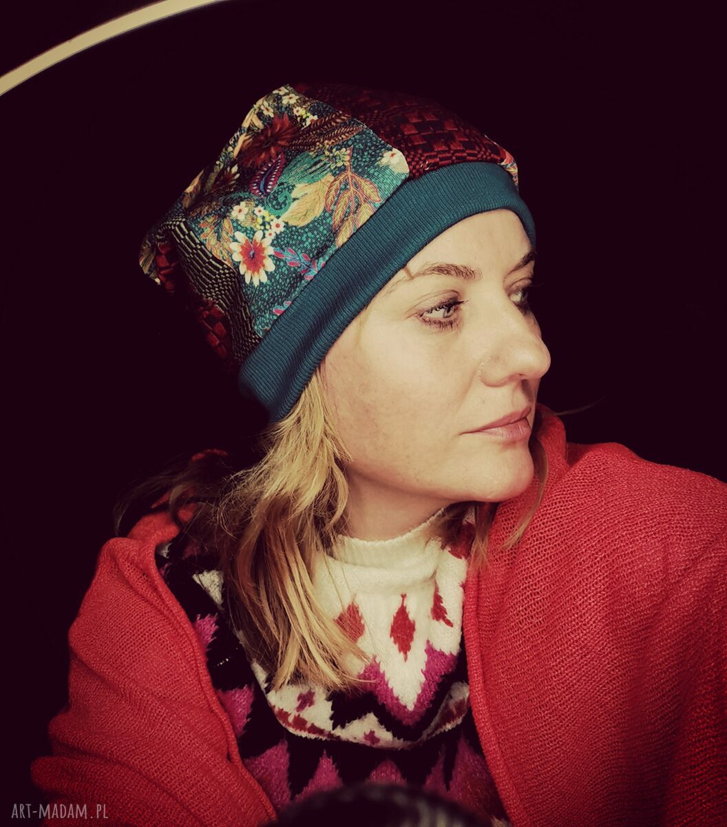 Czapka na podszewce - boho patchwork „smerfetka” (Frida)